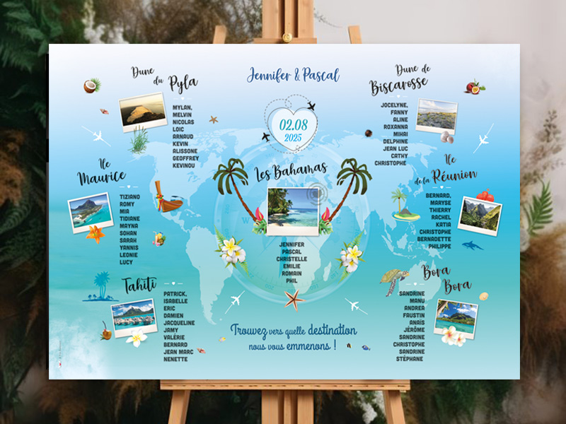 Plan de table mariage thème exotique avec îles et photos