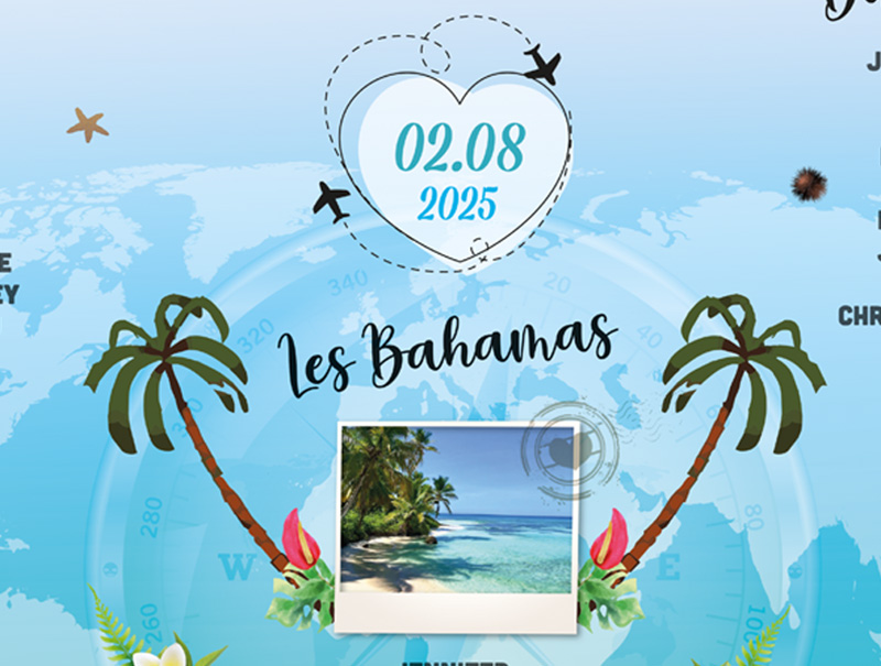 Plan de table mariage exotique avec îles destinations paradisiaques
