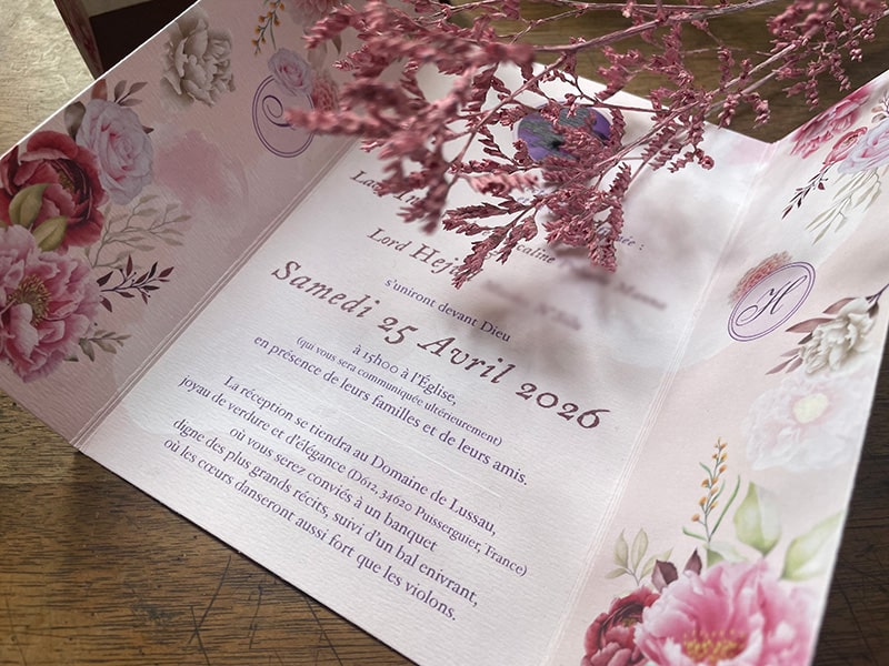 Collection complète faire-part mariage rose poudré avec coordonnés assortis