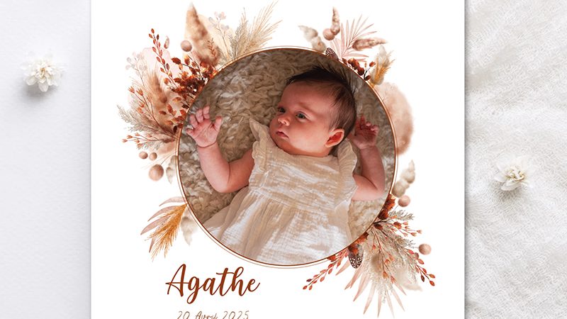 faire-part naissance fleurs séchées bohème avec photo bébé