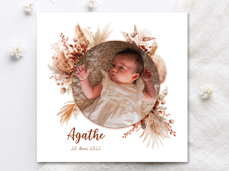 faire-part naissance fleurs séchées bohème avec photo bébé