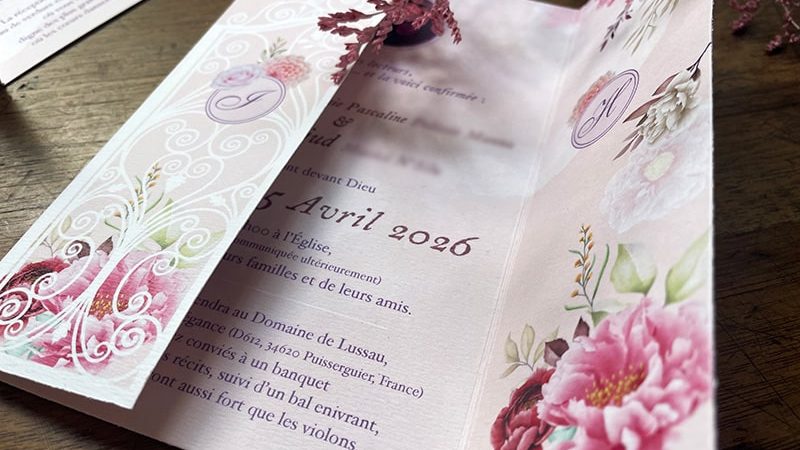 faire-part mariage floral rose poudré avec pivoines délicates et roses romantiques