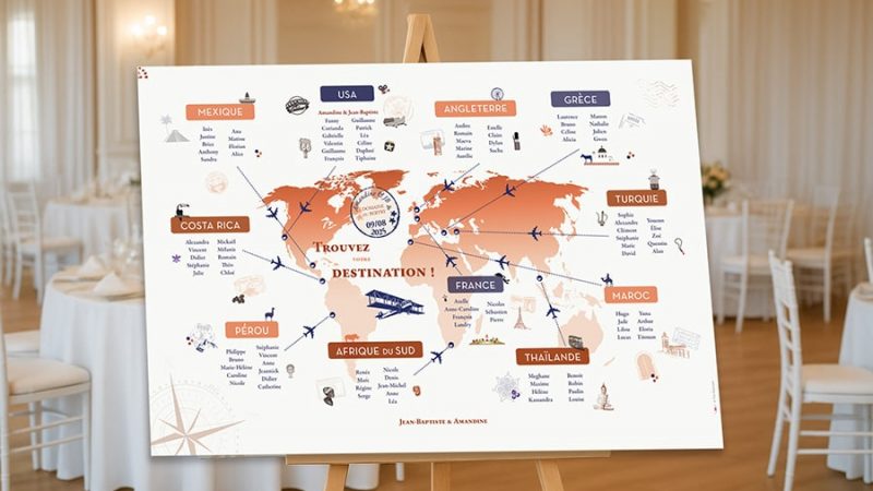 Détail plan de table mariage voyage, destination illustrée avec noms des convives