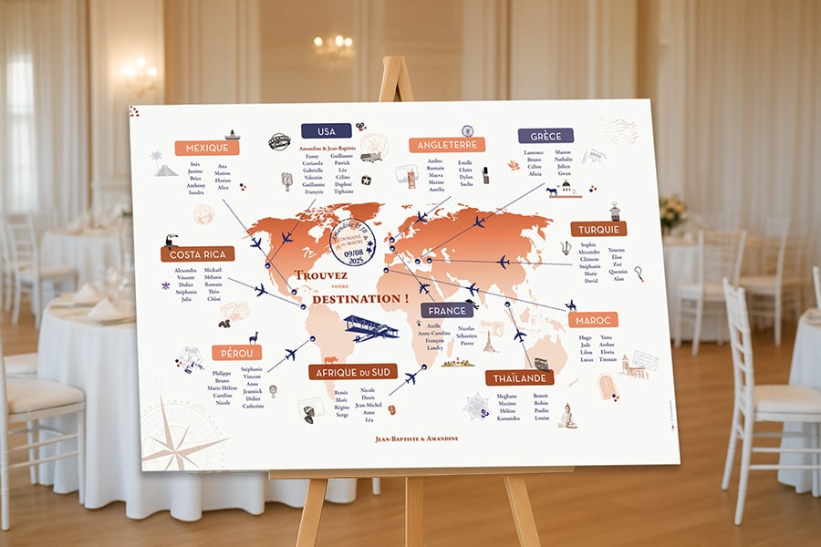 Détail plan de table mariage voyage, destination illustrée avec noms des convives