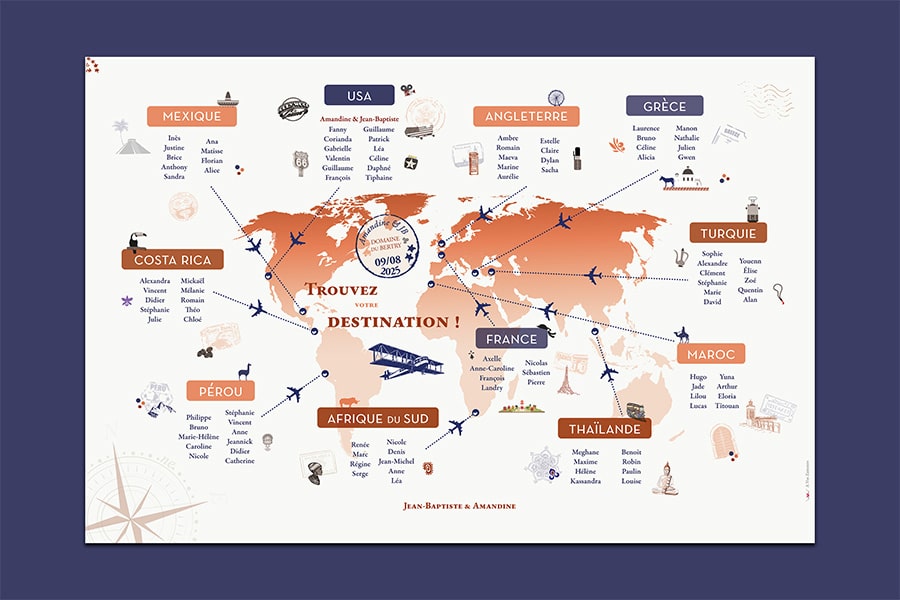 Plan de table mariage mappemonde, thème voyage autour du monde en bleu marine et terracotta