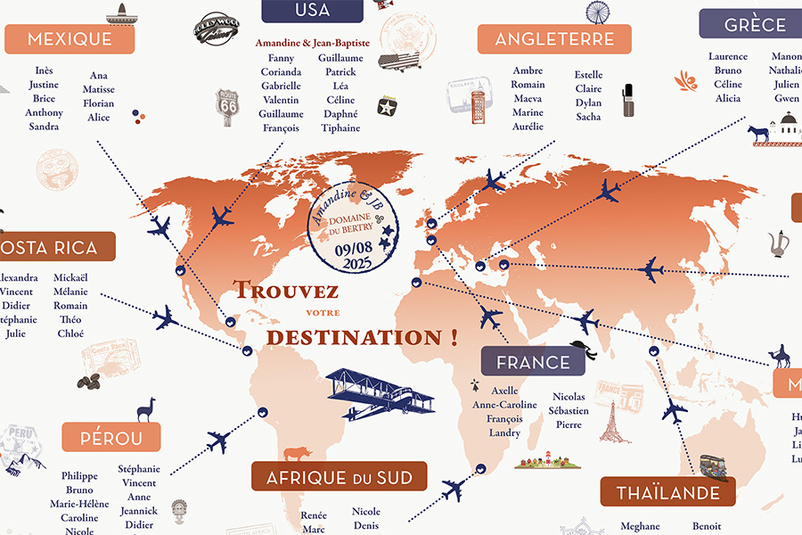 Plan de table mariage mappemonde theme voyage autour du monde