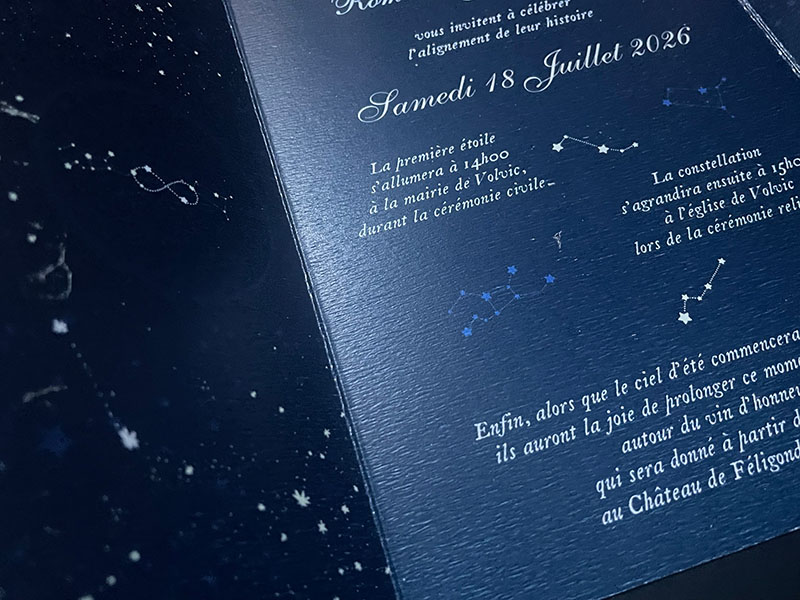 Faire-part mariage ciel étoilé bleu nuit trois volets Sous la même étoile
