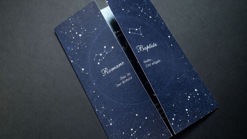 Faire-part de mariage ciel étoilé bleu nuit avec constellation