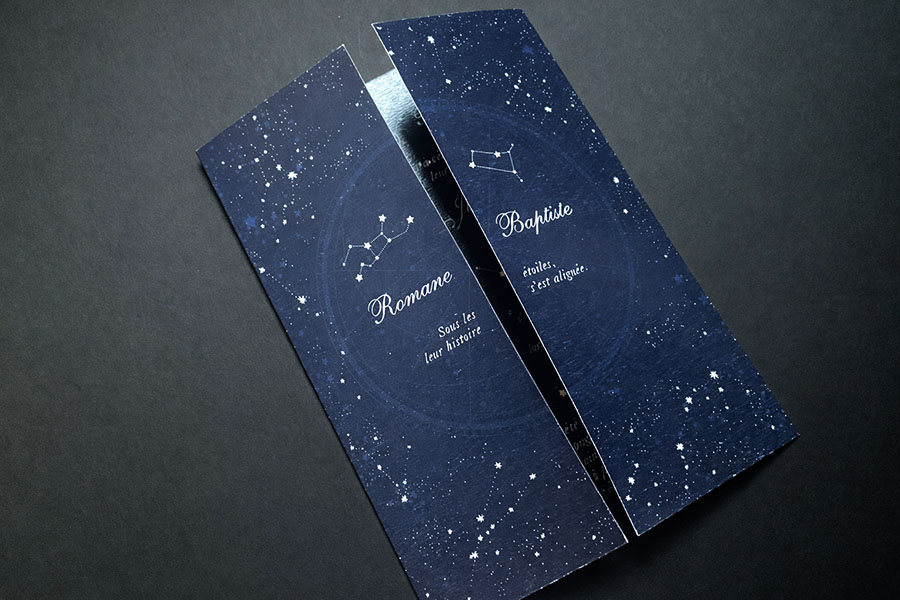 Faire-part de mariage ciel étoilé bleu nuit avec constellation
