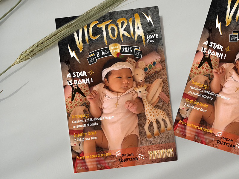 faire-part naissance style couverture magazine rock