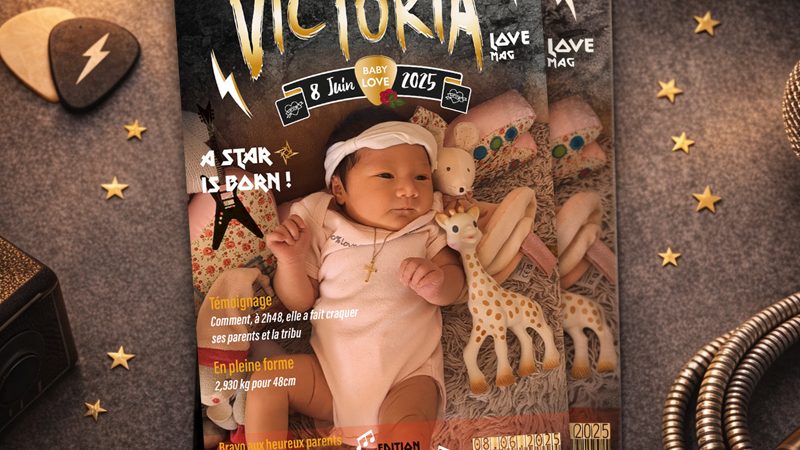 Faire-part de naissance thème rock star, style couverture de magazine musical