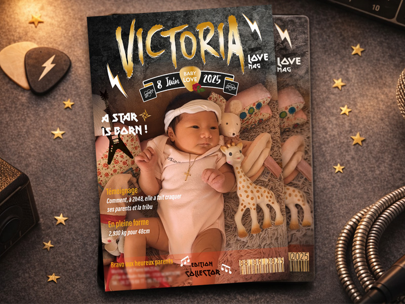Faire-part de naissance thème rock star, style couverture de magazine musical