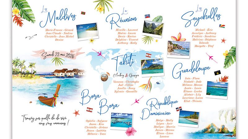 Plan de table mariage îles de rêve aquarelle personnalisé – Tahiti Bora Bora Maldives Guadeloupe Seychelles mappemonde et fleurs tropicales