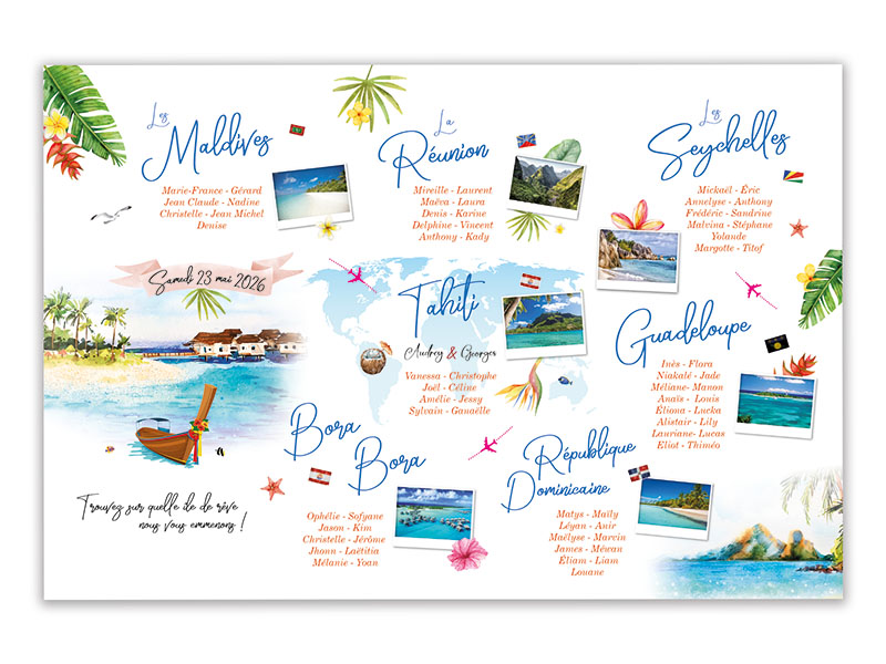 Plan de table mariage îles de rêve aquarelle personnalisé – Tahiti Bora Bora Maldives Guadeloupe Seychelles mappemonde et fleurs tropicales