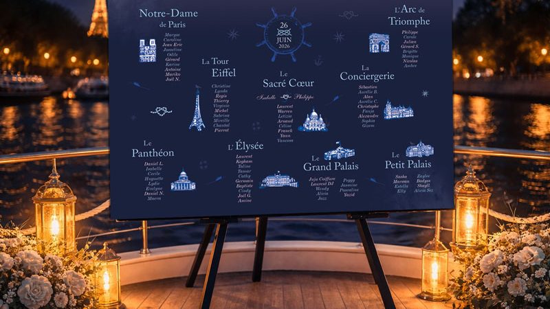 Plan de table mariage Paris bleu nuit sur chevalet – thème croisière sur la Seine avec monuments parisiens