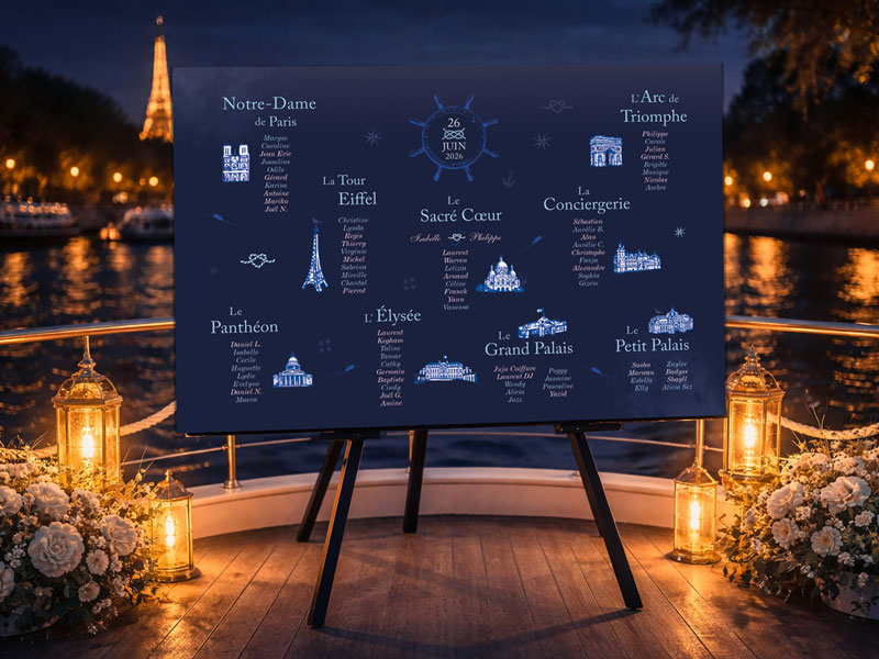 Plan de table mariage Paris bleu nuit sur chevalet – thème croisière sur la Seine avec monuments parisiens