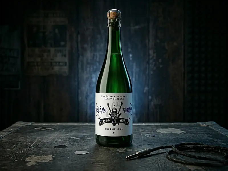 Bouteille de champagne avec étiquette personnalisée rock punk "Heavy Bubbles", verre vert foncé, bouchon de liège et muselet, ambiance concert avec médiators