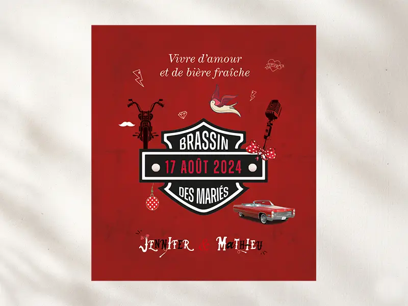 Détails graphiques étiquette de bière mariage Absolutely Rockabilly avec illustrations vintage et typographies rock