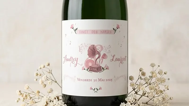 Étiquette de bouteille de champagne personnalisée pour mariage thème musique avec gramophone et roses