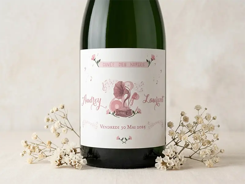 Étiquette de bouteille de champagne personnalisée pour mariage thème musique avec gramophone et roses