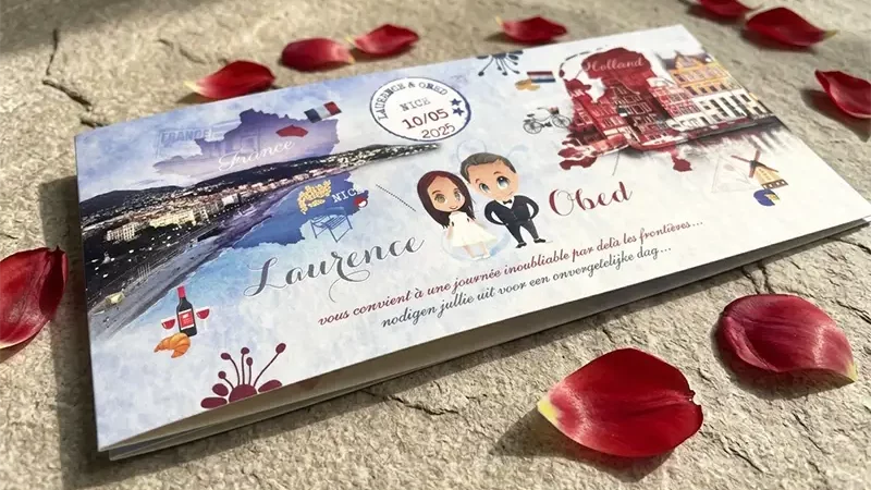 Faire-part de mariage franco-néerlandais personnalisé avec illustrations de Cannes et des Pays-Bas