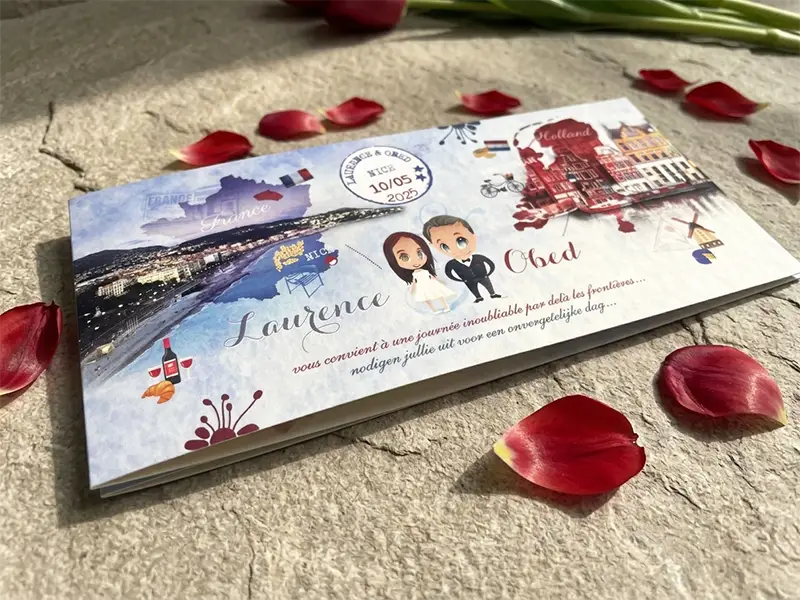 Faire-part de mariage franco-néerlandais personnalisé avec illustrations de Cannes et des Pays-Bas