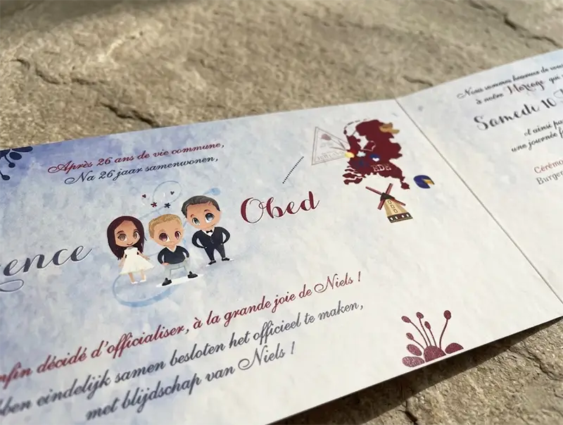 Faire-part de mariage ouvert avec carte des Pays-Bas et texte bilingue français-néerlandais
