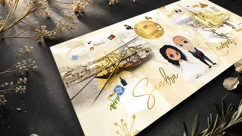 Faire-part de mariage franco-portugais format 10x21 cm avec illustrations azulejos et Vieux-Port