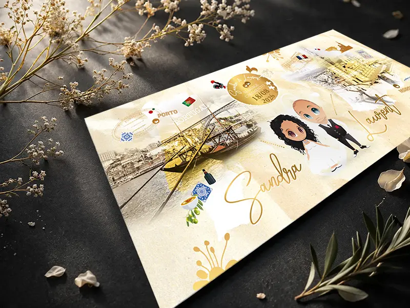 Faire-part de mariage franco-portugais format 10x21 cm avec illustrations azulejos et Vieux-Port