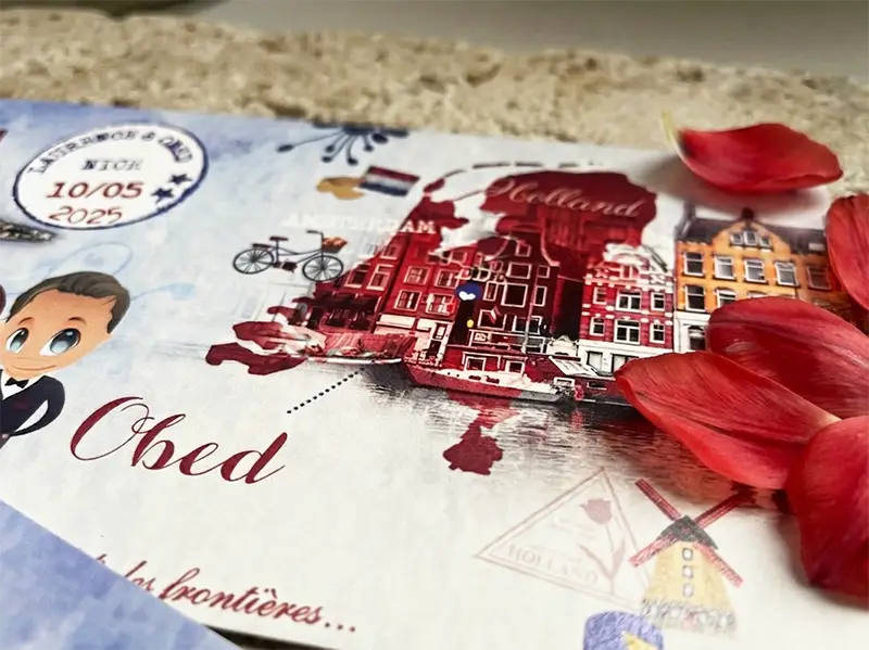 Illustration aquarelle de moulins néerlandais et canaux d'Amsterdam sur faire-part de mariage haut de gamme