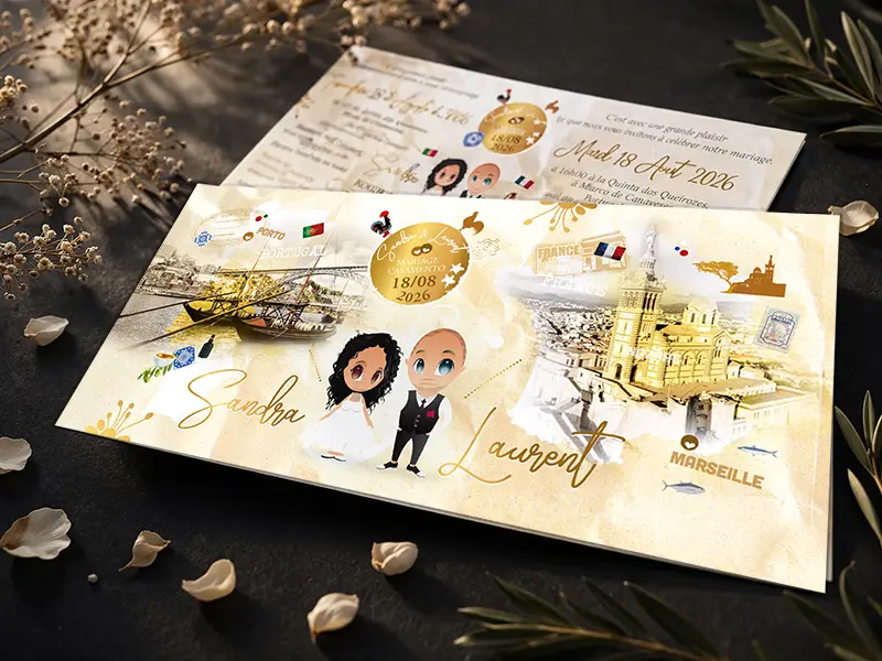 Faire-part de mariage Porto Marseille mis en scène avec des éléments de décoration méditerranéens
