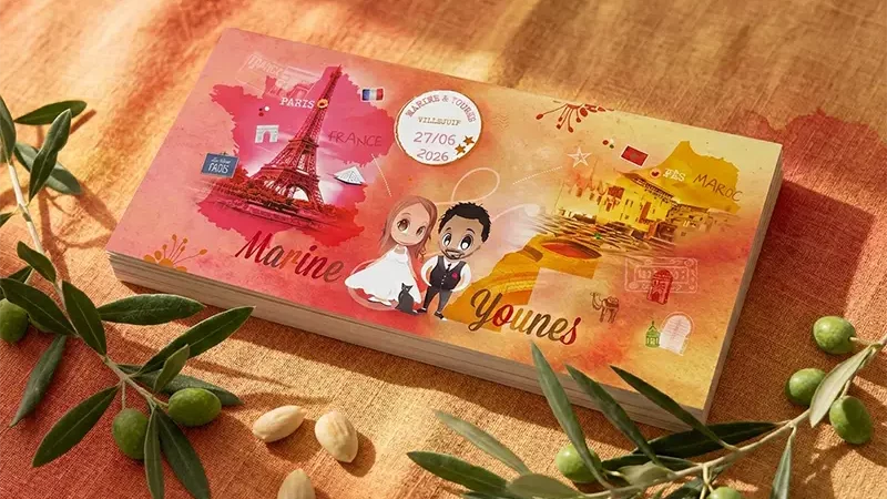 Faire-part de mariage personnalisé pour une union franco-marocaine avec illustrations de Paris et Fès