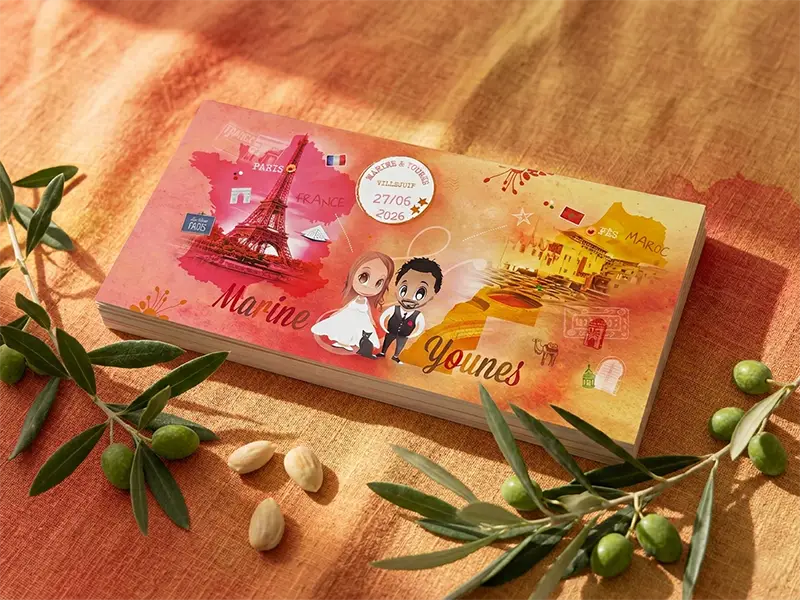 Faire-part de mariage personnalisé pour une union franco-marocaine avec illustrations de Paris et Fès