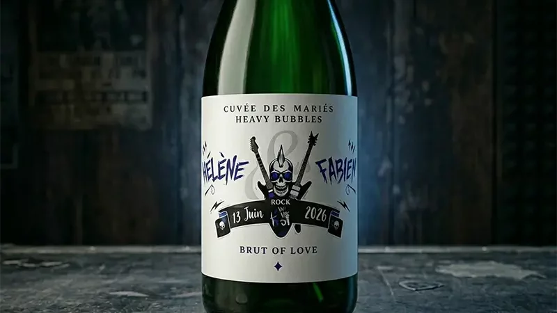Modèle d'étiquette de champagne à personnaliser, thème Heavy Bubbles, blanc, noir et bleu électrique avec motifs rock et punk