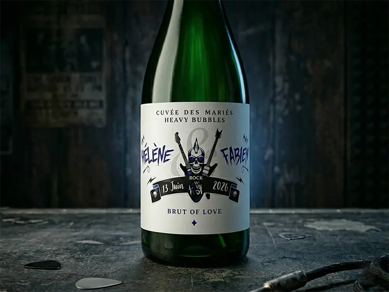Modèle d'étiquette de champagne à personnaliser, thème Heavy Bubbles, blanc, noir et bleu électrique avec motifs rock et punk