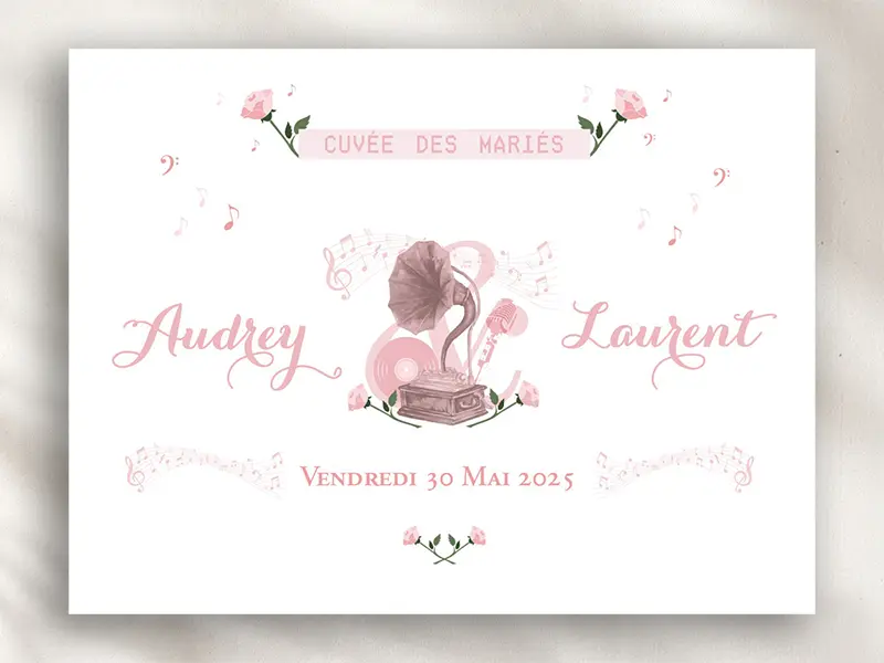 Détail de l'étiquette de champagne mariage vintage avec illustration de gramophone, notes de musique et roses