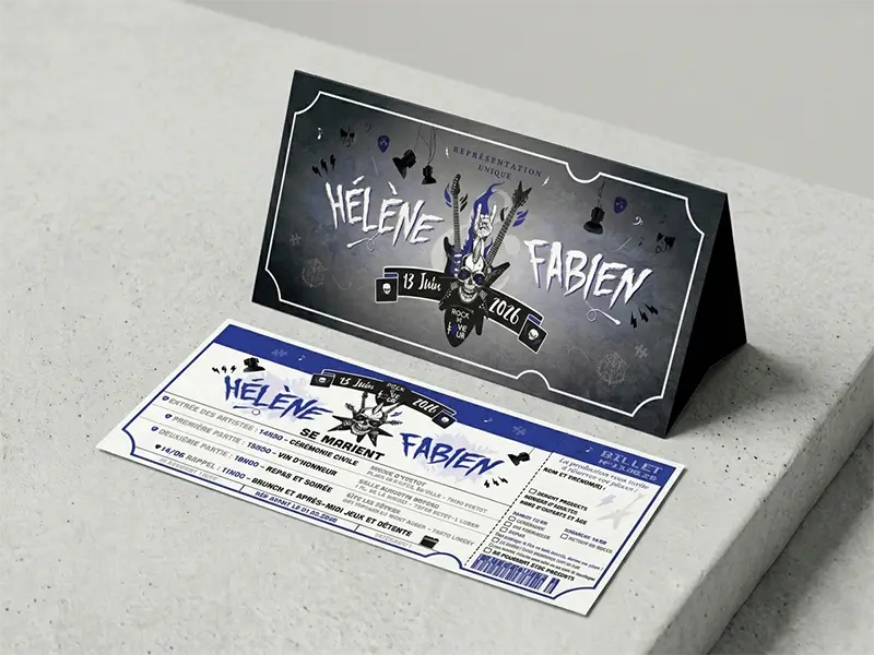 Faire-part mariage thématique rock and skulls avec billet de concert bleu