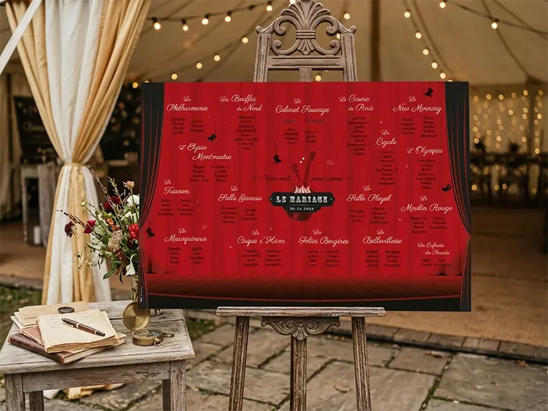 Plan de table de mariage thème cabaret rouge et noir présenté sur un chevalet à l'entrée d'un chapiteau de réception