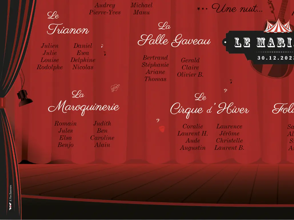 Plan de table de mariage sur le thème du cabaret avec des couleurs rouge et noir