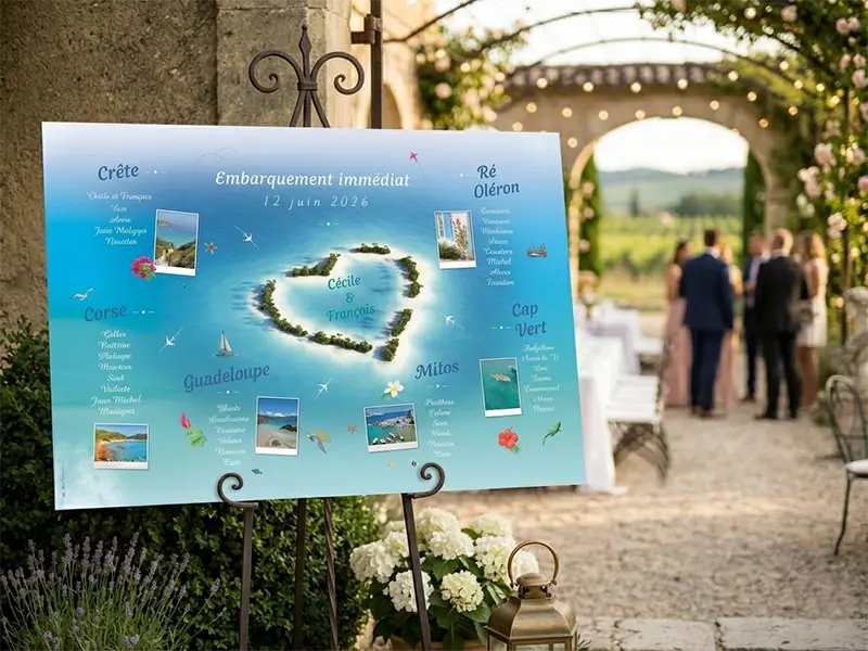 Plan de table de mariage thème mer posé sur un chevalet en fer forgé dans un jardin de réception en France