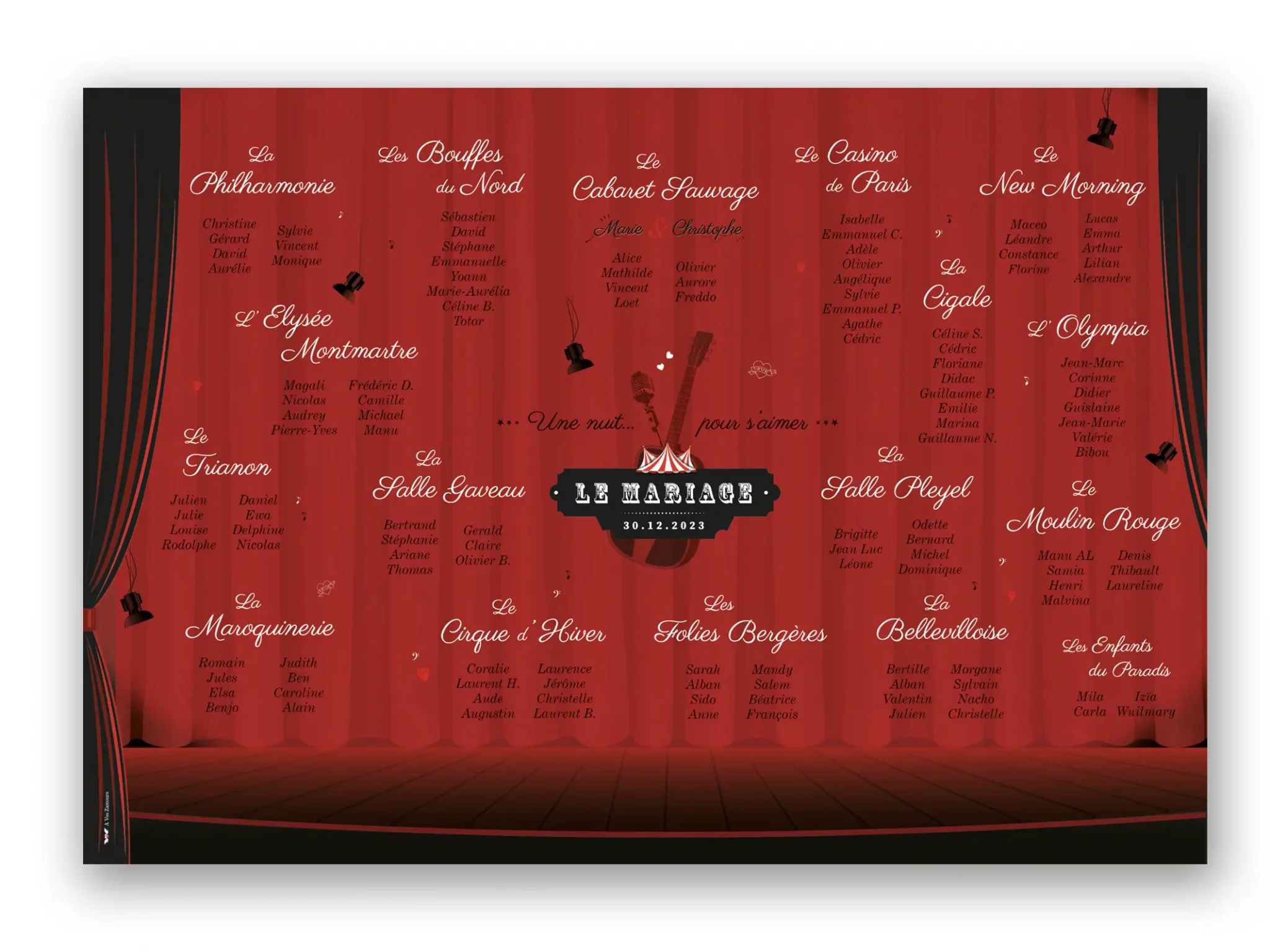 plan de table mariage thème cabaret avec rideaux de scène rouges et noms de salles de spectacles