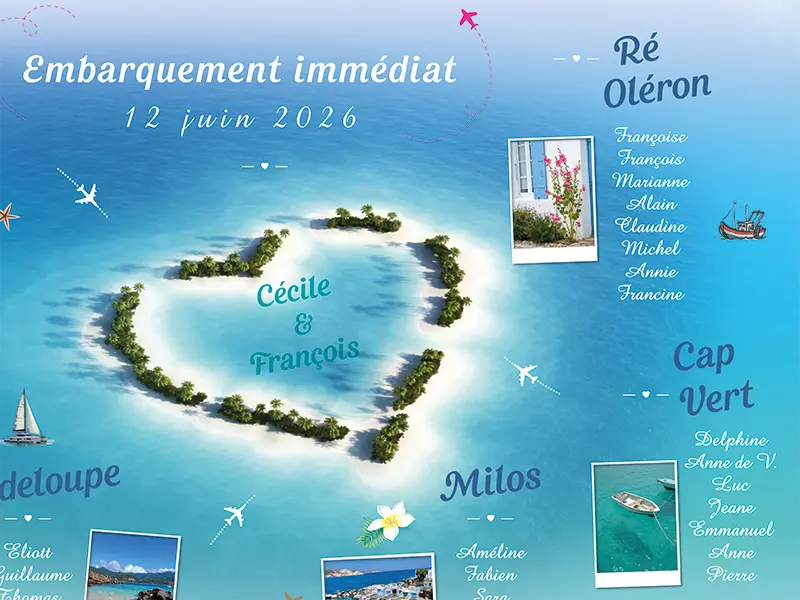 Décoration de mariage avec plan de table sur le thème des îles de la mer et du voyage