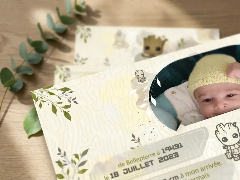 Gros plan sur les détails graphiques et l'illustration du petit Groot sur le faire-part de naissance d'Isaac