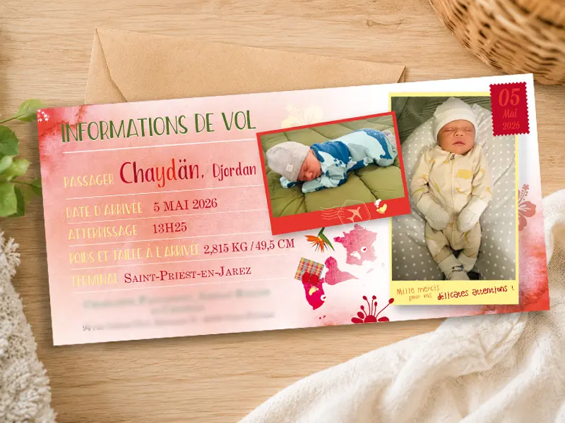 Faire-part de naissance thème Guadeloupe et voyage en forme de billet d'avion rouge