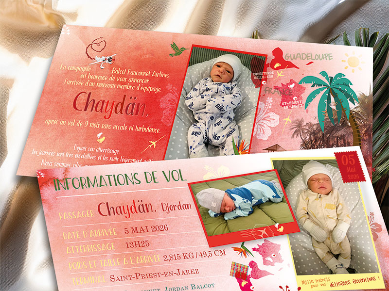 Présentation des deux faces du faire-part de naissance tropical Liaison Guadeloupe Métropole