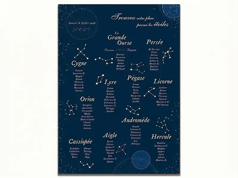 Plan de table de mariage thème ciel étoilé présenté sur un chevalet en bois en extérieur