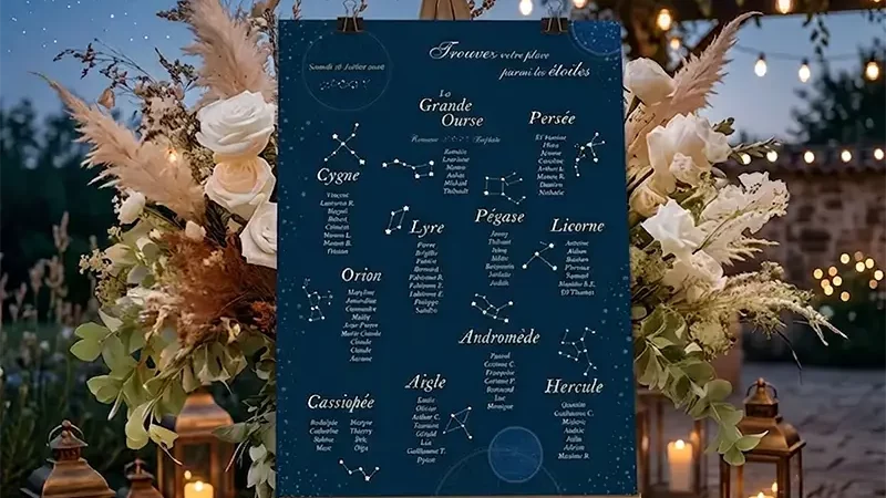Plan de table de mariage thème ciel étoilé présenté sur un chevalet en bois en extérieur
