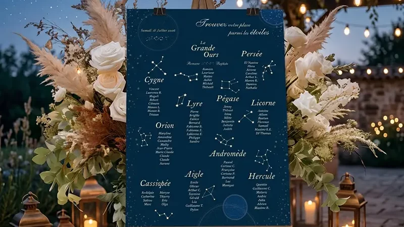 Plan de table de mariage thème ciel étoilé présenté sur un chevalet en bois en extérieur