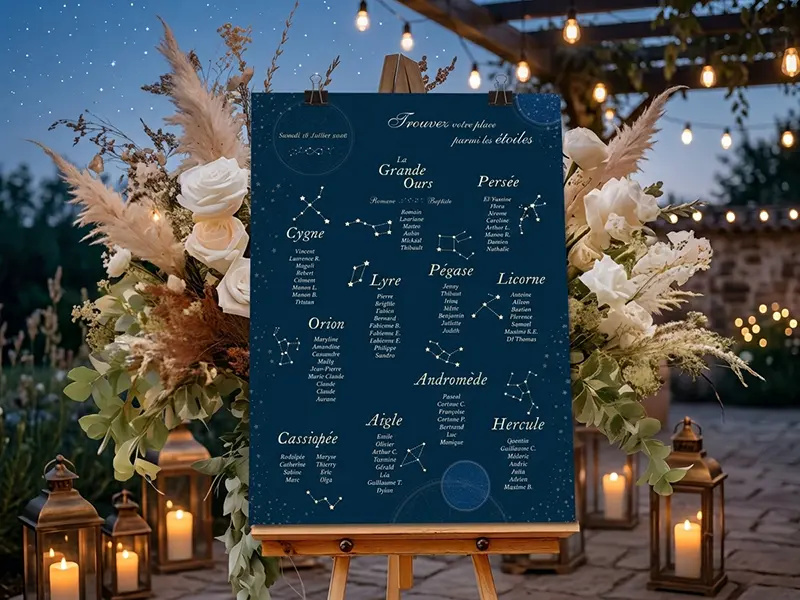 Plan de table de mariage thème ciel étoilé présenté sur un chevalet en bois en extérieur