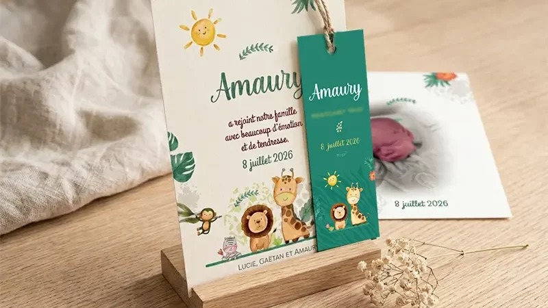 Faire-part de naissance aquarelle animaux jungle savane